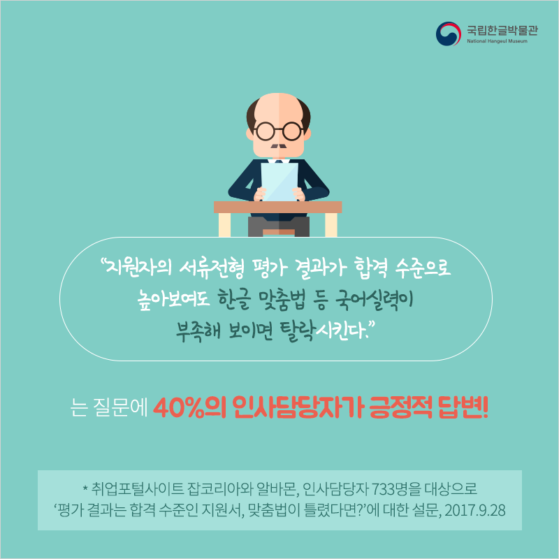 “지원자의 서류전형 평가 결과가 합격 수준으로 높아보여도 한글 맞춤법 등 국어실력이 부족해 보이면 탈락시킨다.”는 질문에 40%의 인사담당자가 긍정적 답변!