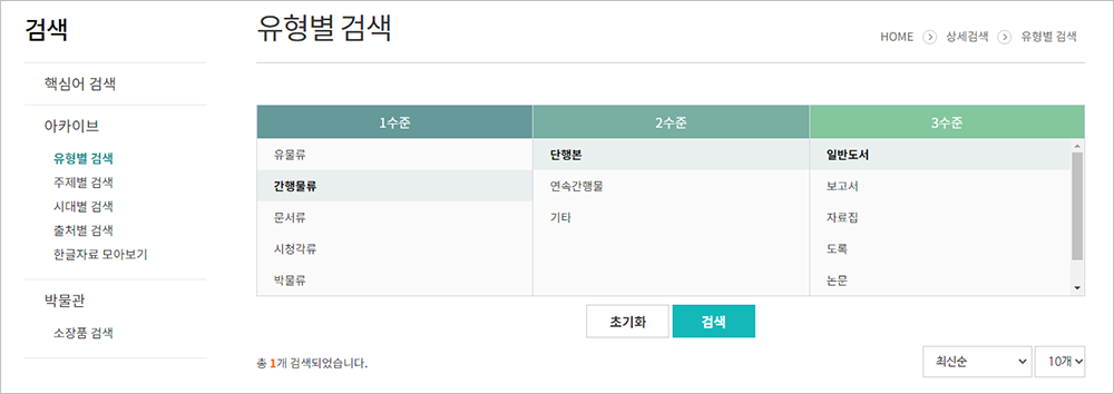 디지털한글박물관 누리집 캡처. 상단에 ‘유형별 검색’이라고 적혀 있다. 그 아래에 1수준, 2수준, 3수준으로 검색창이 나뉘어 있다.