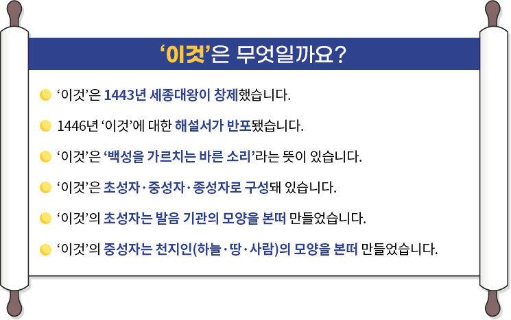 두루마리 상단에 ‘이것은 무엇일까요?’ 가 적혀있고 그 아래 내용이 적혀있다. 내용으로는 ‘이것은 1443년 세종대왕이 창제했습니다’, ‘1446년 이것에 대한 해설서가 반포됐습니다’, ‘이것은 백성을 가르치는 바른 소리라는 뜻이 있습니다’, ‘이것은 초성자·중성자·종성자로 구성돼 있습니다’, ‘이것의 초성자는 발음 기관의 모양을 본떠 만들었습니다’, ‘이것의 중성자는 천지인(하늘·땅·사람)의 모양을 본떠 만들었습니다’가 적혀있다.