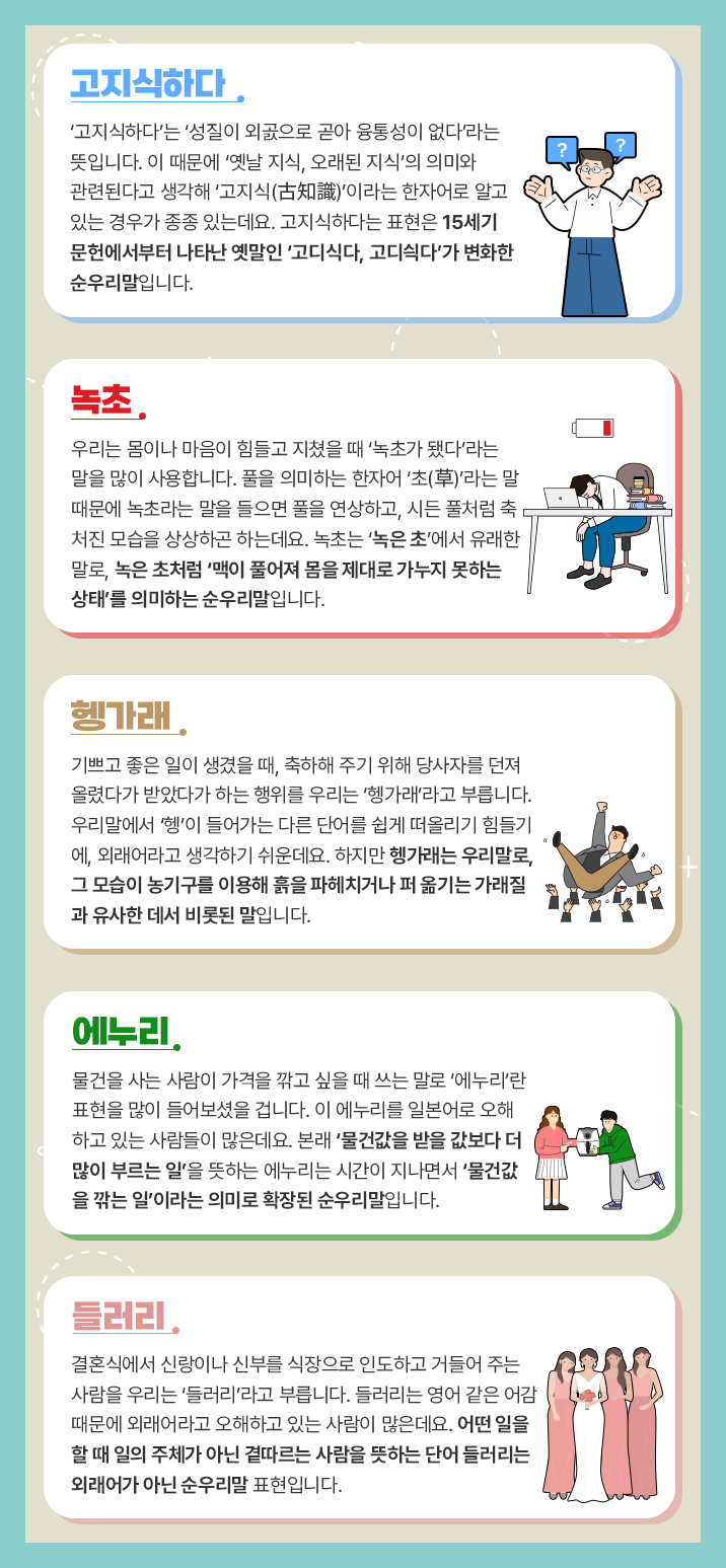 다섯 개의 상자가 있다. 첫 번째 상자엔 고지식하다, ‘‘고지식하다’는 ‘성질이 외곬으로 곧아 융통성이 없다’라는 뜻입니다. 이 때문에 ‘옛날 지식, 오래된 지식’의 의미와 관련된다고 생각해 ‘고지식(古知識)’이라는 한자어로 알고 있는 경우가 종종 있는데요. 고지식하다는 표현은 15세기 문헌에서부터 나타난 옛말인 ‘고디식다, 고디싁다’가 변화한 순우리말입니다.’라고 적혀있고, 안경을 쓴 남성이 양팔을 벌리고 있는 그림이 있다. 남성 위에 2개의 말풍선엔 물음표가 들어가 있다. 두 번째 상자엔 녹초, ‘우리는 몸이나 마음이 힘들고 지쳤을 때 ‘녹초가 됐다’라는 말을 많이 사용합니다. 풀을 의미하는 한자어 ‘초(草)’라는 말 때문에 녹초라는 말을 들으면 풀을 연상하고, 시든 풀처럼 축 처진 모습을 상상하곤 하는데요. 녹초는 ‘녹은 초’에서 유래한 말로, 녹은 초처럼 ‘맥이 풀어져 몸을 제대로 가누지 못하는 상태’를 의미하는 순우리말입니다.’라고 적혀있다. 왼쪽엔 의자에 앉아 지쳐서 고개를 푹 숙이고 있는 남자 그림이 있고, 남자 위엔 배터리가 없다는 표시가 그려져 있다. 세 번째 상자엔 헹가래, ‘기쁘고 좋은 일이 생겼을 때, 축하해 주기 위해 당사자를 던져 올렸다가 받았다가 하는 행위를 우리는 ‘헹가래’라고 부릅니다. 우리말에서 ‘헹’이 들어가는 다른 단어를 쉽게 떠올리기 힘들기에, 외래어라고 생각하기 쉬운데요. 하지만 헹가래는 순우리말로, 그 모습이 농기구를 이용해 흙을 파헤치거나 퍼 옮기는 가래질과 유사한 데서 비롯된 말입니다.’라고 적혀있다. 오른쪽엔 한 남성이 헹가래 받는 그림이 그려져 있다. 네 번째 상자엔 에누리, ‘물건을 사는 사람이 가격을 깎고 싶을 때 쓰는 말로 ‘에누리’란 표현을 많이 들어보셨을 겁니다. 이 에누리를 일본어로 오해하고 있는 사람들이 많은데요. 본래 ‘물건값을 받을 값보다 더 많이 부르는 일’을 뜻하는 에누리는 시간이 지나면서 ‘물건값을 깎는 일’이라는 의미로 확장된 순우리말입니다.’라고 적혀있다. 왼쪽엔 한 여성과 한 남성이 중고거래를 하는 듯한 그림이 그려져 있다. 다섯 번째 상자엔 들러리, ‘결혼식에서 신랑이나 신부를 식장으로 인도하고 거들어 주는 사람을 우리는 ‘들러리’라고 부릅니다. 들러리는 영어 같은 어감 때문에 외래어라고 오해하고 있는 사람이 많은데요. 어떤 일을 할 때 일의 주체가 아닌 곁따르는 사람을 뜻하는 단어 들러리는 외래어가 아닌 순우리말 표현입니다.’라고 적혀있다. 오른쪽엔 흰색 드레스를 입은 여성과 분홍색 드레스를 입은 여성 세 명이 정면을 바라보고 있는 그림이 그려져 있다.