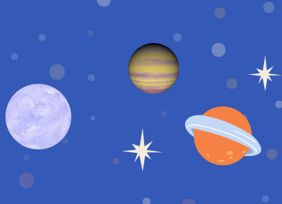 한글 이모저모 기사 그림. 푸른색 우주 배경에 여러 가지 별과 행성이 그려져 있다. 별 마루와 외계행성 아라, 주황색에 하늘색 띠가 둘러있는 행성이 크게 있으며, 흰색으로 반짝이는 듯한 효과도 군데군데 그려져 있다.