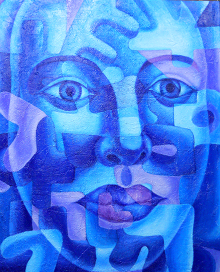 금보성 작가의 한글 인물 작품이다. 파란색 계열 배경에 얼굴 형상이 그려져 있으며, 얼굴 안 곳곳에 한글 자음과 모음이 그려져 있다.