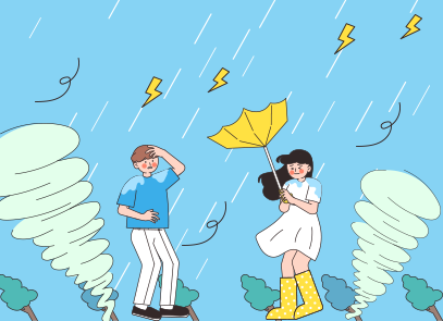 한글공감 기사 그림. 하늘색 배경에 한 남성과 노란 우산을 들고 있는 여성이 그려져 있다. 비바람과 천둥을 동반한 태풍이 몰아쳐 주위 나무들은 모두 기울어져 있고 여성이 들고 있는 우산도 뒤집혀 있다. 