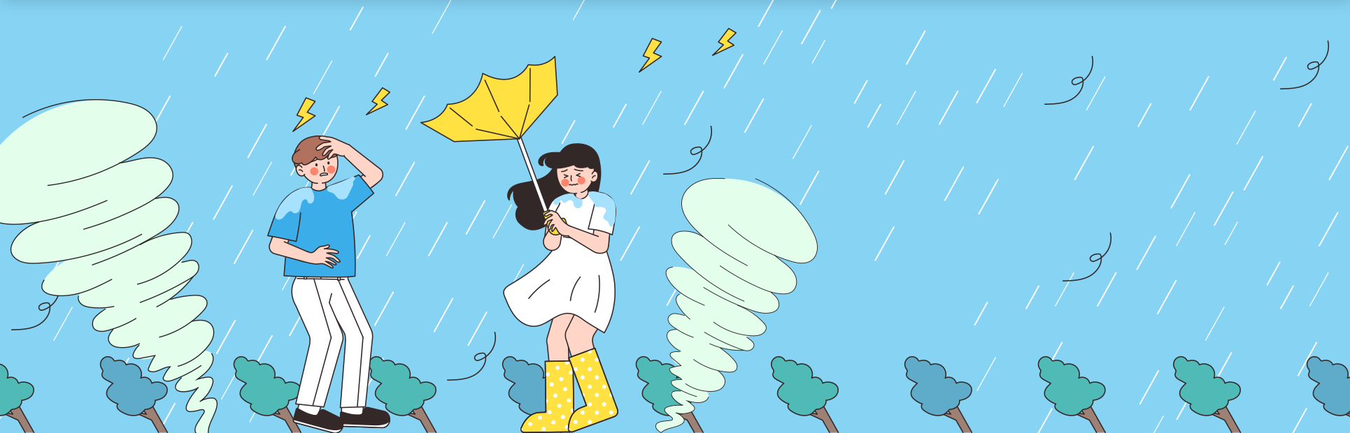 하늘색 배경에 한 남성과 노란 우산을 들고 있는 여성이 그려져 있다. 비바람과 천둥을 동반한 태풍이 몰아쳐 주위 나무들은 모두 기울어져 있고 여성이 들고 있는 우산도 뒤집혀 있다. 