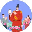 연보라색 배경 가운데 세종대왕 그림과 아래 무궁화꽃들이 그려져 있다. 세종대왕은 한 손에 휴대전화를 들고 있는데, 휴대전화엔 한글이라고 적혀있다. 세종대왕 양옆으로 남성과 여성이 손뼉을 치고 있다.