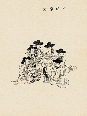 김준근의 『기산풍속도첩』 <육률악기> 사진이다. 갓을 쓴 남자 6명이 둘러앉아 제각기 악기를 다루고 있다.