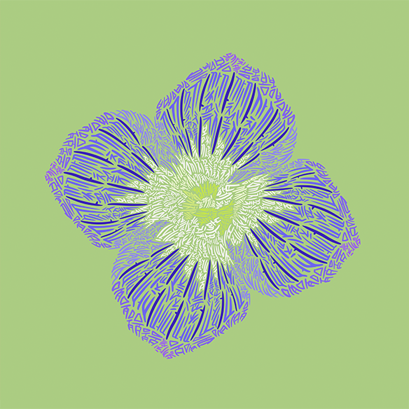 진관우 작가의 작품 ‘봄까치꽃’ 그림이다. 초록색 배경 안에 파란색 꽃이 있는데, 꽃은 ‘봄까치꽃’이라는 한글들로 빼곡하게 채워져 있다.