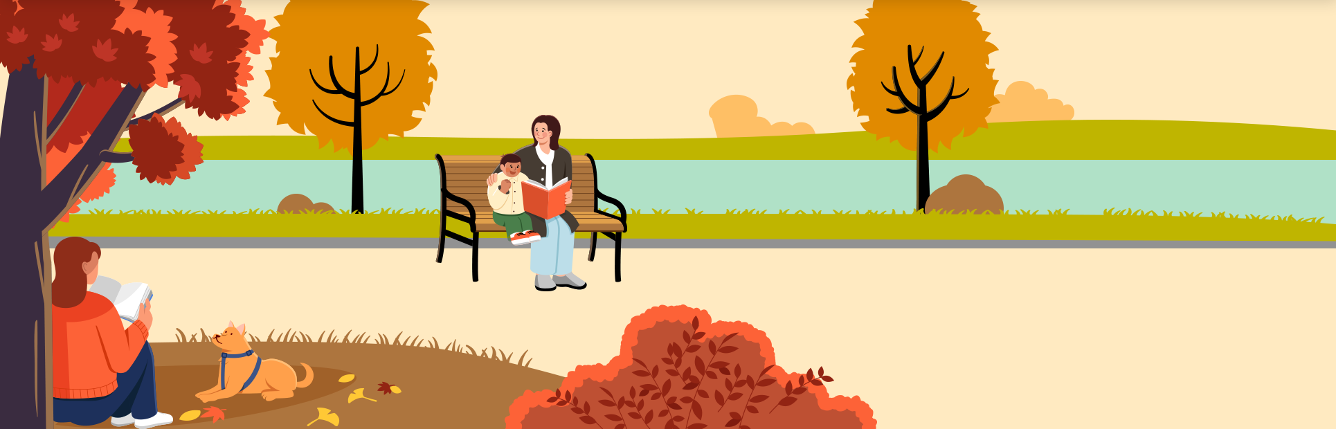 푸른 강 앞에 노란 잎이 무성한 나무 두 그루가 있고, 그 앞엔 의자가 놓여있다. 의자 위엔 책을 들고 있는 어머니와 아이가 나란히 앉아있는 그림이 있다. 앞쪽엔 빨간 잎의 나무 두 그루가 그려져 있는데, 왼쪽 나무엔 한 여성이 나무에 등을 기대고 책을 읽고, 그 앞에 강아지가 그 여성을 보고 있는 그림이 그려져 있다.