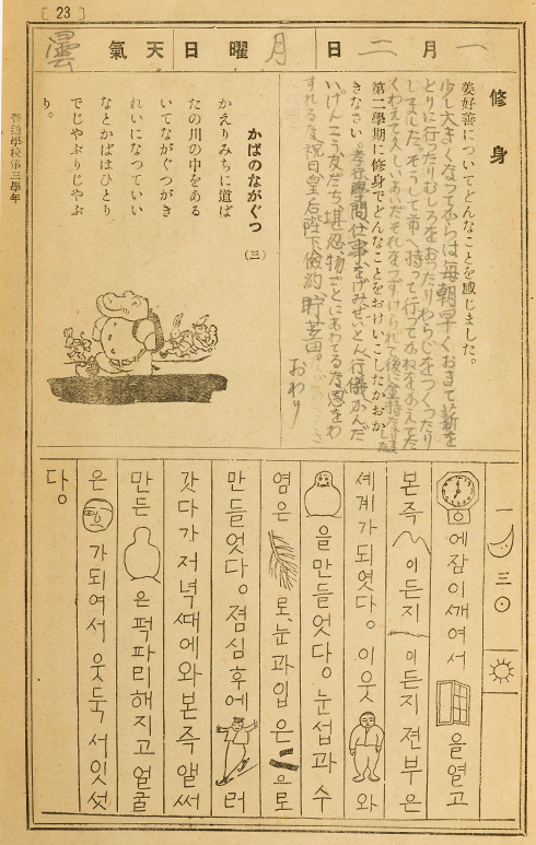 1927년 권지갑 학생의 겨울방학 학습장의 모습이다. 위에는 일본어가 빼곡한 그림 일기가 있고, 아래에는 한글로 쓴 일기에 군데군데 그림을 그려 넣은 모습이다.