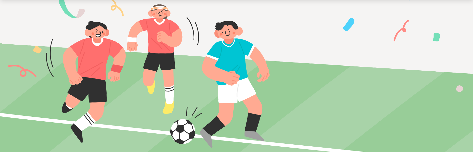 축구 경기장에서 경기하고 있는 사람들의 그림이 그려져 있다. 하늘색 유니폼을 입은 남자가 축구공을 몰고 있으며, 중앙에 있는 여자 선수와 왼쪽에 있는 남자 선수가 그를 쫓고 있다.
