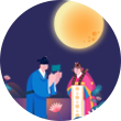 밤하늘 오른쪽에 둥그런 보름달이 노랗고 크게 떠 있다. 아래에는 꽃들이 여기저기 그려져 있으며, 남성과 여성이 옛 혼례복을 입고 서로를 마주 보고 있다. 