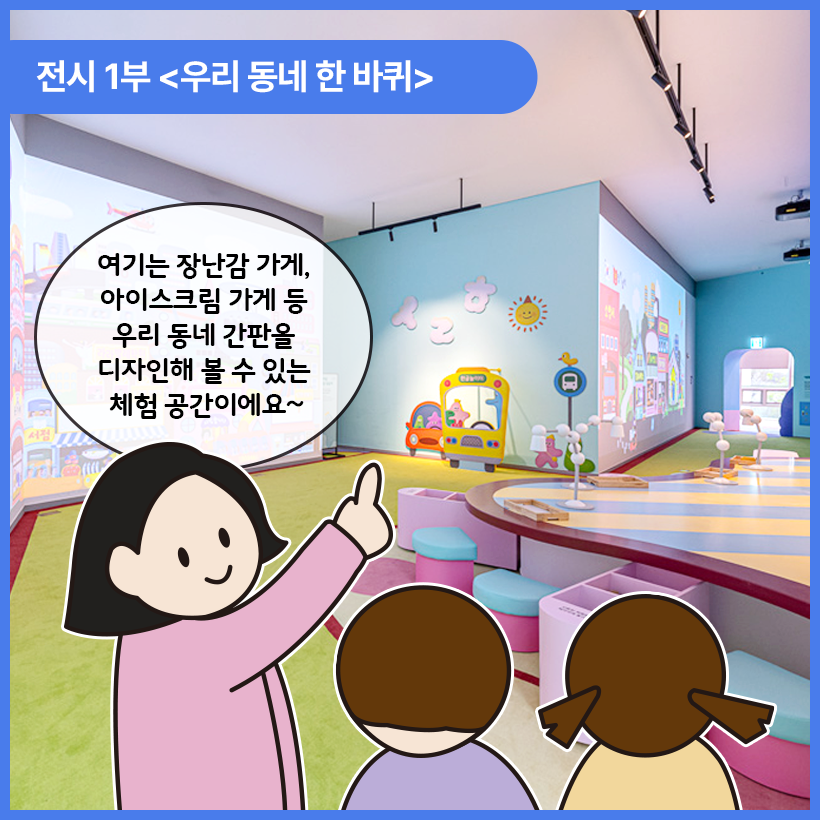 국립한글박물관 한글놀이터를 배경으로 성인 여성이 어린이 2명에게 무언가를 이야기하고 있는 그림이다. 성인 여성은 손가락으로 한글놀이터를 가리키며 ‘여기는 장난감 가게, 아이스크림 가게 등 우리 동네 간판을 디자인해볼 수 있는 체험 공간이에요~’라고 말하고 있다.