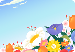 하얀 구름이 그려진 파란 하늘 아래로 알록달록한 색색의 봄꽃이 그려져 있다. 가장 크게 그려진 건 노란 꽃받침과 하얀 꽃잎으로 이루어진 꽃 그림이다. 그 옆으로는 보라색 꽃잎을 가진 꽃이 그려져 있다. 그 아래로는 빨간색 꽃잎을 가진 꽃이 있다. 