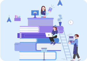 겉표지가 보라색, 파란색인 책이 여러 권 쌓여 있다. 꼭대기에는 컴퓨터 앞에 앉아 한 손에는 책을 들고 있는 여자의 그림이 그려져 있다. 그 아래로는 책이 쌓인 탑의 중간에 앉아 노트북을 보고 있는 여자의 그림이 있다. 옆에는 사다리 그림이 그려져 있고, 가장 오른쪽에는 세 권의 책을 든 남자의 그림이 그려져 있다. 