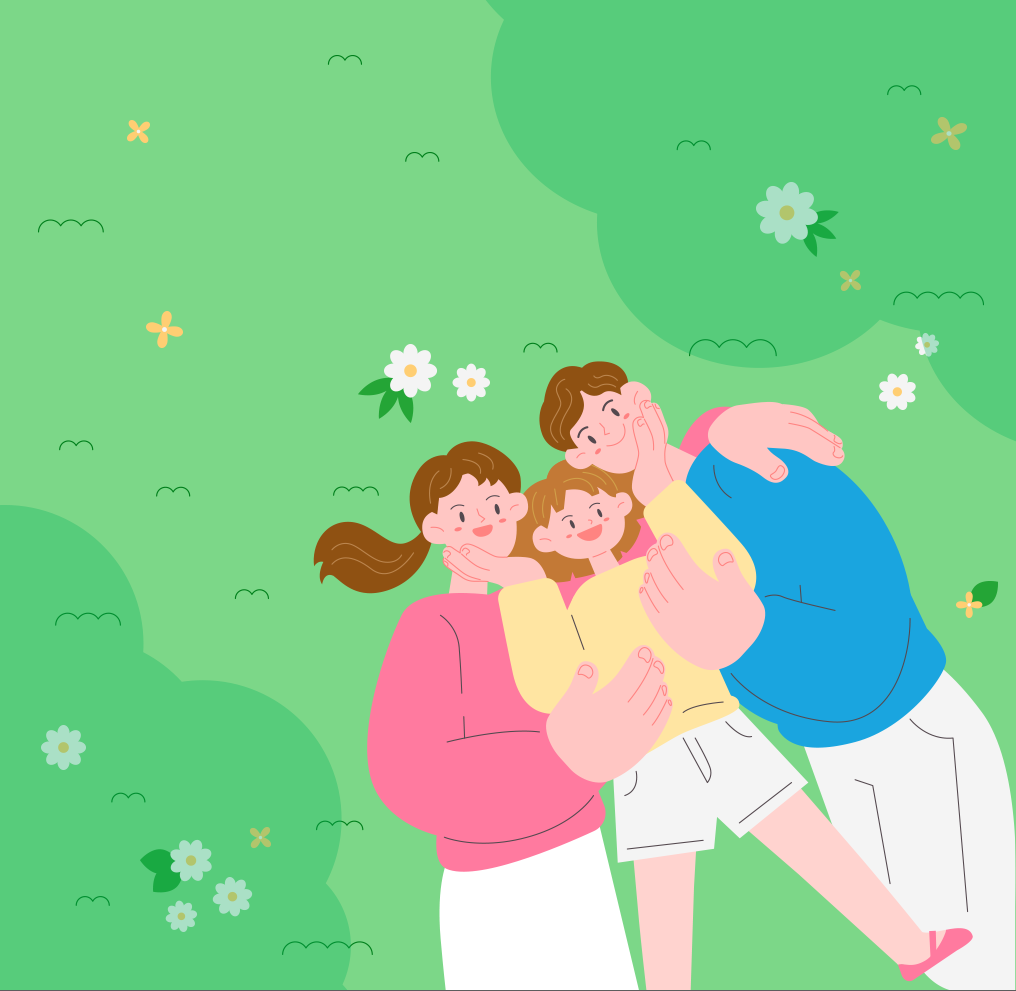 한글 이모저모 기사 사진. 가족 3명이 푸른 잔디밭에 누워 하늘을 보고 있다. 왼쪽 엄마는 분홍색 티를 입고 있고 노란색 티를 입은 아이가 중앙에 있다. 파란색 치를 입은 아빠는 오른쪽에 누워서 엄마 아빠가 가운데 있는 아이를 감싸고 있다.