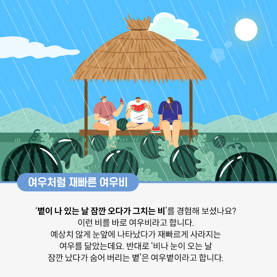 해가 떠 있는 가운데 비가 내리고 있다. 오두막에 있는 3명의 사람들이 앉아서 수박을 먹고 있다. 그들 앞으로는 수박밭이 펼쳐져 있다. 