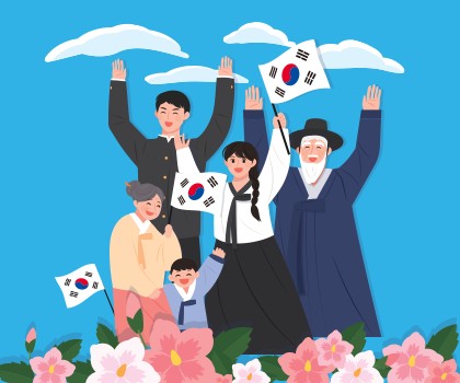 배경은 하늘색이고 위에 구름 네 점이 있다. 구름 밑으로 다섯 명의 사람이 있다. 오른쪽 가운데에 있는 여자는 한복을 입은 채로 두 손을 높게 들고 있는데, 그의 왼손에는 태극기가 있다. 여자 오른쪽에 있는 남자도 한복을 입고 있는데, 그는 갓을 쓰고 있으며 하얀색 수염을 길렀다. 그도 양손을 높게 들었다. 가운데에는 옛날 검정색 교복을 입은 남자가 서 있다. 그 역시 두 손을 높게 들고 있다. 교복을 입은 남자 앞에 한복을 입은 할머니와 어린아이가 있다. 할머니는 왼손으로 태극기를 들고 있다. 다섯 사람 모두 웃고 있다. 사람들 앞에는 여러 개의 무궁화가 있으며, 왼쪽에는 태극기가 꽂혀 있다. 꽃들은 분홍색과 흰색 등을 띠고 있다.