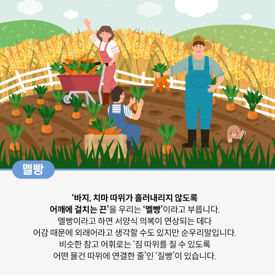 들판에 노랗게 익은 벼들이 있고 그 뒤에는 초록색 산이 있으며, 하늘엔 구름이 떠다닌다.
밭에는 당근들이 심겨있고 오른쪽에는 두더지 한 마리가 있다. 사진 가운데에는 분홍색 멜빵을 입은 여성이 당근이 가득 담긴 카트를 들고 환하게 웃고 있다. 그 앞에는 청색 멜빵을 입은 남자가 당근이 들어있는 상자 앞에 앉아 당근을 수확하고 있다. 오른쪽 남자는 청록색 멜빵을 입고 있고 짚 모자를 쓰고 있으며, 왼손으로 당근 세 개를 들고 있다. 