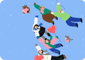 5명의 사람과 강아지, 고양이가 파란 겨울 하늘을 날고 있다. 맨 위에는 분홍색 목도리를 한 할머니와 하트 풍선을 들고 있는 할아버지가 손을 잡고 하늘을 날고 있다. 할머니의 왼쪽 옆에는 분홍색 하트를 든 갈색 강아지가 있다. 그 아래에는 각각 하얀색과 분홍색 패딩을 입고 있는 아이들이 손을 잡고 하늘로 떠오르고 있다. 그 옆에 분홍색 하트를 들고 하늘을 날고 있는 회색 고양이가 있다. 맨 아래에는 회색 목도리를 한 남자가 분홍색 하트를 들고 하늘을 날고 있다.