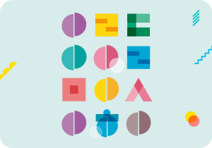 연한 하늘색 배경이다. 밝은 보라색, 분홍색, 노란색, 파란색 등 다양한 색상과 기하학적인 모양으로 한글 자음 ‘ㅇ’, ‘ㄹ’, ‘ㄷ’, ‘ㅁ’, ‘ㅅ’, ‘ㅎ’이 디자인되어 있다.