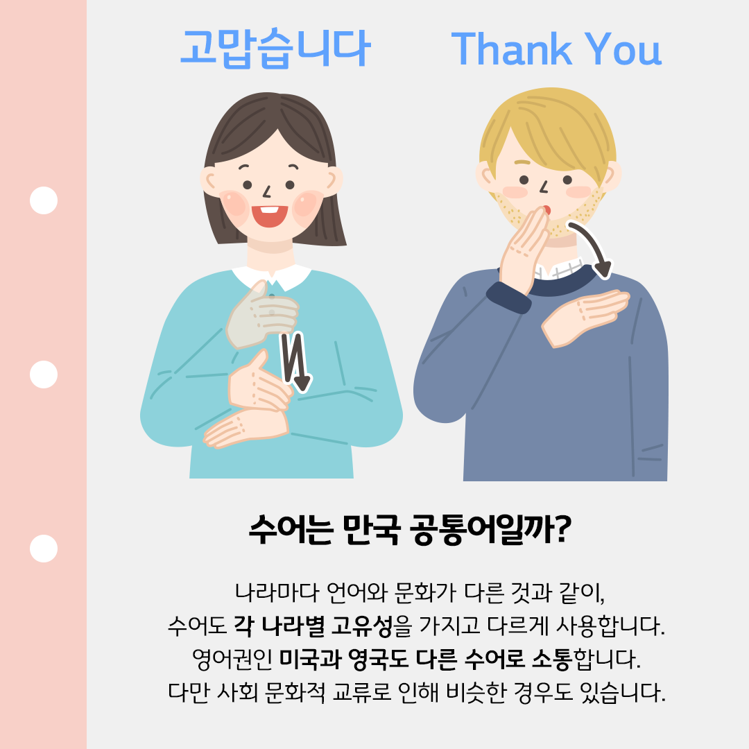노트처럼 생긴 템플릿 위에 ’고맙습니다‘ 수어를 하는 동양인 여성과 ’Thank You’수화를 하는 금발 머리의 외국인 남성이 나란히 있다. ‘수어는 만국 공통어일까?’라는 제목이 중앙에 크게 적혀있다. ‘ 나라마다 언어와 문화가 다른 것과 같이, 수어도 각 나라별 고유성을 가지고 다르게 사용합니다. 영어권인 미국과 영국도 다른 수어로 소통합니다. 다만 사회 문화적 교류로 인해 비슷한 경우도 있습니다.’라는 본문 내용이 적혀있다.
