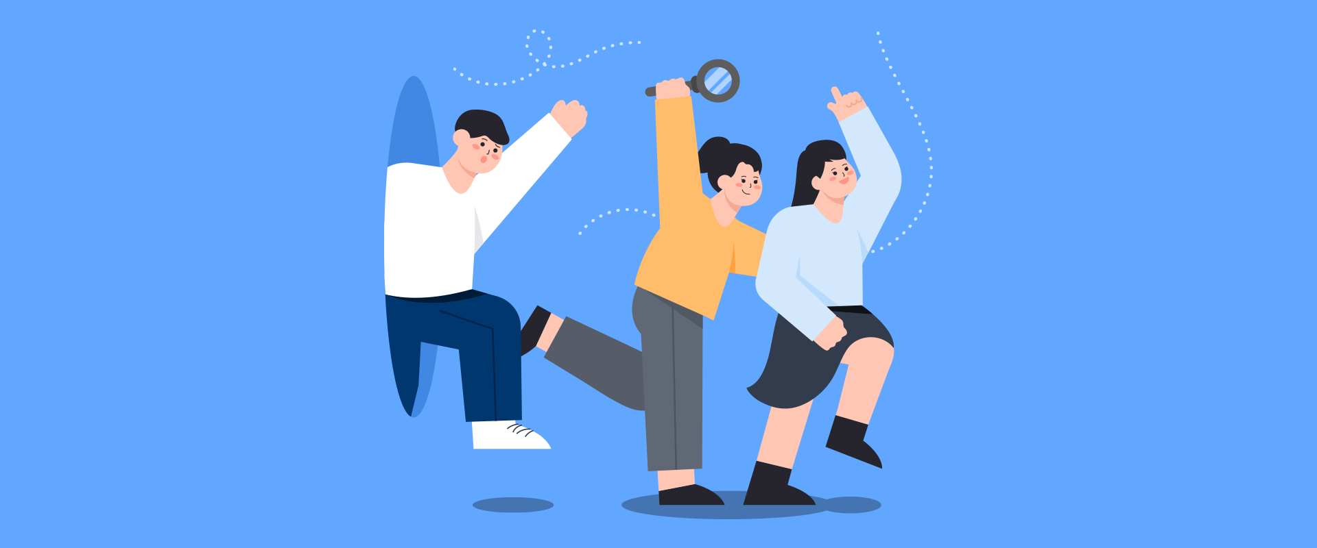 참여 행사① 사진. 파란색 배경이다. 왼쪽 하단에는 연두색 말풍선이 있고, 그 안에 ‘참여 행사①’라고 적혀있다. 아래에는 ‘소식지 읽고, 정답 맞히기’라고 적혀있다. 중앙에는 일러스트가 그려져 있다. 왼쪽의 남성은 타원형 구멍을 뚫고 나오는 듯한 자세이며, 오른팔을 번쩍 들고 있다. 그 앞에 노란 상의를 입은 여성은 한 손에 돋보기를 들고 위로 높이 든 채 달리는 자세이다. 맨 앞에 있는 하늘색 상의를 입은 여성은 오른손을 위로 들고 경쾌한 느낌으로 뛰고 있다.